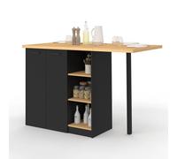 Ilot Central Cesar 140 Cm Bois Noir Avec Plan De Travail Façon Hêtre