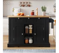 Ilot Central Cuisine 132cm - Table Mobile Pliante, Rangement, Tiroir, Porte-serviettes, 5 Roulettes, Prise - Style Rustique