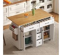 ilot central cuisine avec 5 tiroirs et placards, Table à manger extensible avec porte épices et porte serviettes, Chariot à roulettes avec plan travail rabattable (140x40-65x89cm,Blanc+Naturel)
