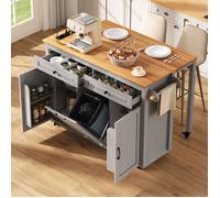 ilot Central Cuisine avec roulettes et multiprises, Table à Manger avec Plan Travail et Compartiment Poubelle(Gris 120×40-75×92cm)