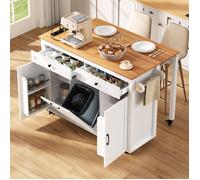 ilot Central Cuisine avec roulettes et multiprises, Table à Manger avec Plan Travail et Compartiment Poubelle(Blanc 120×40-75×92cm)