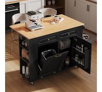 Îlot Central Cuisine Avec Station De Charge, Desserte Cuisine Mobile Avec Plan De Travail Extensible 120x40-75cm, Meuble Cuisine Gain De Place Avec Rangement, Tiroirs, Portes, Poubelle Intégrée Noir-3
