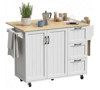 Îlot central cuisine - HOMCOM - plateau rabattable 2 prises 2 ports USB - roulettes - 3 tiroirs - MDF - 134 5x75 2x90 5cm - blanc