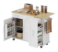 Îlot central cuisine - HOMCOM - plateau rabattable roulettes 2 tiroirs portes à fermeture douce - bois - 129 x 65 x 91 cm - blanc