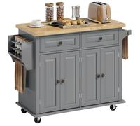 HOMCOM Îlot Central Cuisine avec Plateau en Hévéa, 2 Tiroirs, Gris | Desserte de Cuisine sur Roulettes avec Étagères Réglables, Porte-Serviettes et Porte-Épices, Style Moderne, 111x44,5x82,5cm