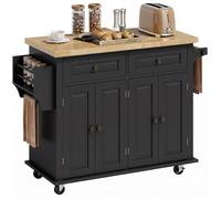 HOMCOM Îlot Central Cuisine avec Plateau en Hévéa, 2 Tiroirs, Noir | Desserte de Cuisine sur Roulettes avec Étagères Réglables, Porte-Serviettes et Porte-Épices, Style Moderne, 111x44,5x82,5cm