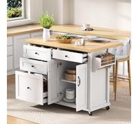 Îlot Central Cuisine Mobile avec Roulettes, Table à Rallonge, Chariot avec Plan de Travail en Bois, 2 Portes d'Armoire et Tiroirs Multifonctions, Tiroir à 9 Compartiments, 107*45/70*90.5cm (Blanc)