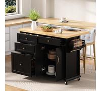 Îlot Central Cuisine Mobile avec Roulettes, Table à Rallonge, Chariot avec Plan de Travail en Bois, 2 Portes d'Armoire et Tiroirs Multifonctions, Tiroir à 9 Compartiments, 107*45/70*90.5cm (Noir)