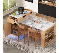 Îlot Central Cuisine Mobile avec Roulettes, Table Extensible Pliable 109 cm, Plan de Travail Bois Naturel, Prises USB Type-C et LED, Rangement 4 Tiroirs,Buffet Bar Desserte pour Cuisine Salle à Manger