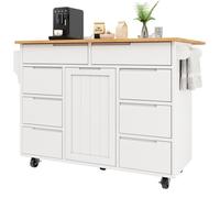 Îlot Central Cuisine Moderne Blanc 122x46-74 5x91 5cm Desserte Extensible 8 Tiroirs Étagère Épices Chariot Service Roulettes