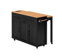 Îlot Central Cuisine Noir 120x40x92cm - Sur Roulettes Extensible Plan Travail Compartiment Poubelle Multiprises Mobile Autoportant