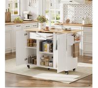 Îlot central de cuisine 120 cm sur roulettes blanc aspect chêne avec plateau rabattable