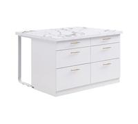 Ilot central de cuisine avec 6 tiroirs en MDF et métal - Effet marbre blanc - ALEGRITA