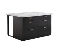 Ilot central de cuisine avec 6 tiroirs en MDF et métal - Noir et Effet Marbre blanc - ALEGRITA