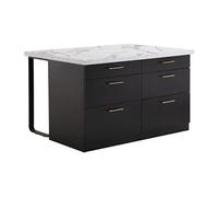 Ilot central de cuisine avec 6 tiroirs en MDF et métal - Noir et Effet Marbre blanc - ALEGRITA