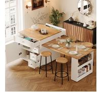 Îlot central de cuisine extensible (120-184 cm) avec tiroirs et roulettes, Chariot de cuisine mobile avec plateau imitation bois