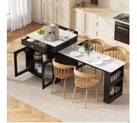 Îlot central de cuisine extensible 128-200 ×71×92 cm Desserte de cuisine à roulettes avec plan de travail éclairage LED 2 tiroirs