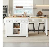 Îlot central de cuisine extensible sur roulettes 112-188x45x92 cm table 4 places 3 tiroirs 2 portes étagère à épices MDF blanc