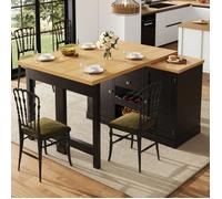 Îlot Central de Cuisine Extensible Table Bar Haute avec Plateau Pivotant à 360° Mange-debout et Porte-épices Intégré Noir