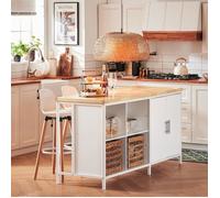 Îlot Central de Cuisine, Grand Plan de Travail en Bois d’Hévéa, 4 Compartiments, 2 Portes avec Étagères Réglables, 170x60x89, Blanc