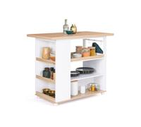Ilot Central Flo 110 Cm Bois Blanc Et Imitation Hêtre À Roulettes Avec Rangements Design Industriel Blanc