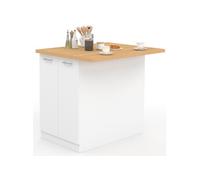 Ilot central IVO 100 cm blanc avec plan de travail façon hêtre
