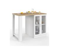 Ilot central LINO 120 cm 2 personnes bois blanc et plan de travail façon hêtre et portes vitrées