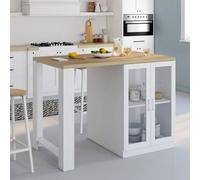 IDMarket Îlot central LINO 120 cm 2 personnes bois blanc avec plan façon hêtre portes vitrées