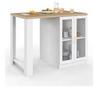 IDMARKET Ilot central LINO 120 cm 2 personnes bois blanc et plan de travail façon hêtre et portes vitrées