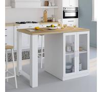 IDMARKET Ilot central LINO 120 cm 2 personnes bois blanc et plan de travail façon hêtre et portes vitrées