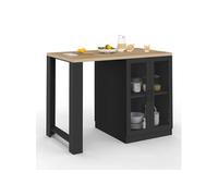 Ilot central LINO 120 cm 2 personnes bois noir avec plan de travail façon hêtre et portes vitrées