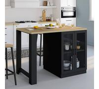 IDMARKET Ilot central LINO 120 cm 2 personnes bois noir avec plan de travail façon hêtre et portes vitrées