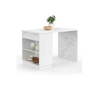 Ilot central mange-debout 4 personnes VITO 130 cm blanc et plateau marbre ALASKA