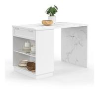 Ilot Central Mange-Debout 4 Personnes Vito 130 Cm Blanc Et Plateau Marbre Alaska Blanc