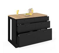 Ilot central mange-debout ORSO 120 cm casserolier 6 tiroirs noir et plateau bois