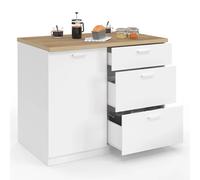 Ilot central TIBO 110 cm casserolier 3 tiroirs bois blanc avec plan de travail façon hêtre