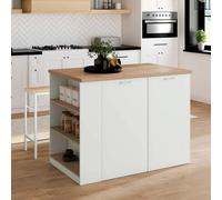 IDMarket – Îlot central TIBO 120 cm bois blanc avec plan de travail façon hêtre
