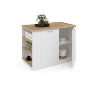 Ilot central TIBO 120 cm bois blanc avec plan de travail façon hêtre