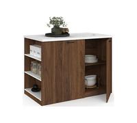IDMARKET Ilot central TIBO 120 cm bois foncé effet noyer avec plan de travail effet marbre ALASKA