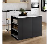 IDMarket - Ilot Central TIBO 120 cm Bois Noir avec Plan de Travail Effet marbre Alaska