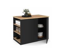 Ilot central TIBO 120 cm bois noir avec plan de travail façon hêtre