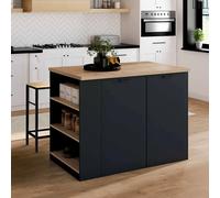 IDMarket - Îlot central TIBO 120 cm bois noir, plan de travail façon hêtre