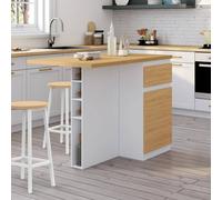 Ilot Central Tino 120 Cm Avec Range-Bouteilles 4 Personnes Bois Blanc Avec Plan De Travail Façon Hêtre
