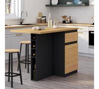 Ilot Central Tino 120 Cm Avec Range-Bouteilles 4 Personnes Bois Noir Avec Plan De Travail Façon Hêtre