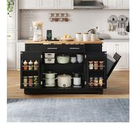 Îlot Cuisine avec Plan Pliable, Prise et USB, Poubelle Intégrée, Meuble Cuisine Bois Noir à Roulettes avec Rangement 138x56(86) cm