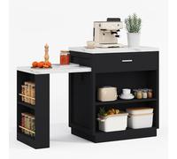 Îlot cuisine extensible télescopique repas préparation service organisation rangement armoire tablette réglable tiroirs doubles niches latérales étagère multiprise intégrée USB roulettes (Noir)