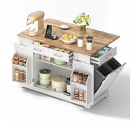 Îlot cuisine mobile, plateau rabattable, prise EU 230V avec USB-C, tiroirs glissières, étagères réglables, chariot rangement, bac déchets coulissant, roulettes silencieuses freinées (Blanc+Bois)