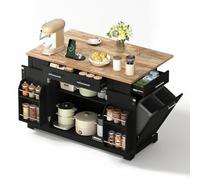 Îlot cuisine mobile, plateau rabattable, prise EU 230V avec USB-C, tiroirs glissières, étagères réglables, chariot rangement, bac déchets coulissant, roulettes silencieuses freinées (Noir+Bois)