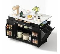 Îlot cuisine mobile, plateau rabattable, prise EU 230V avec USB-C, tiroirs glissières, étagères réglables, chariot rangement, bac déchets coulissant, roulettes silencieuses freinées (Noir+Blanc)