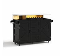 Îlot cuisine mobile pliant,chariot rangement,plateau aspect marbre renforcé,LED RGB pilotage application,2 portes 3 tiroirs,casier bouteilles,support verres amovible,5 roulettes freinables (Noir)